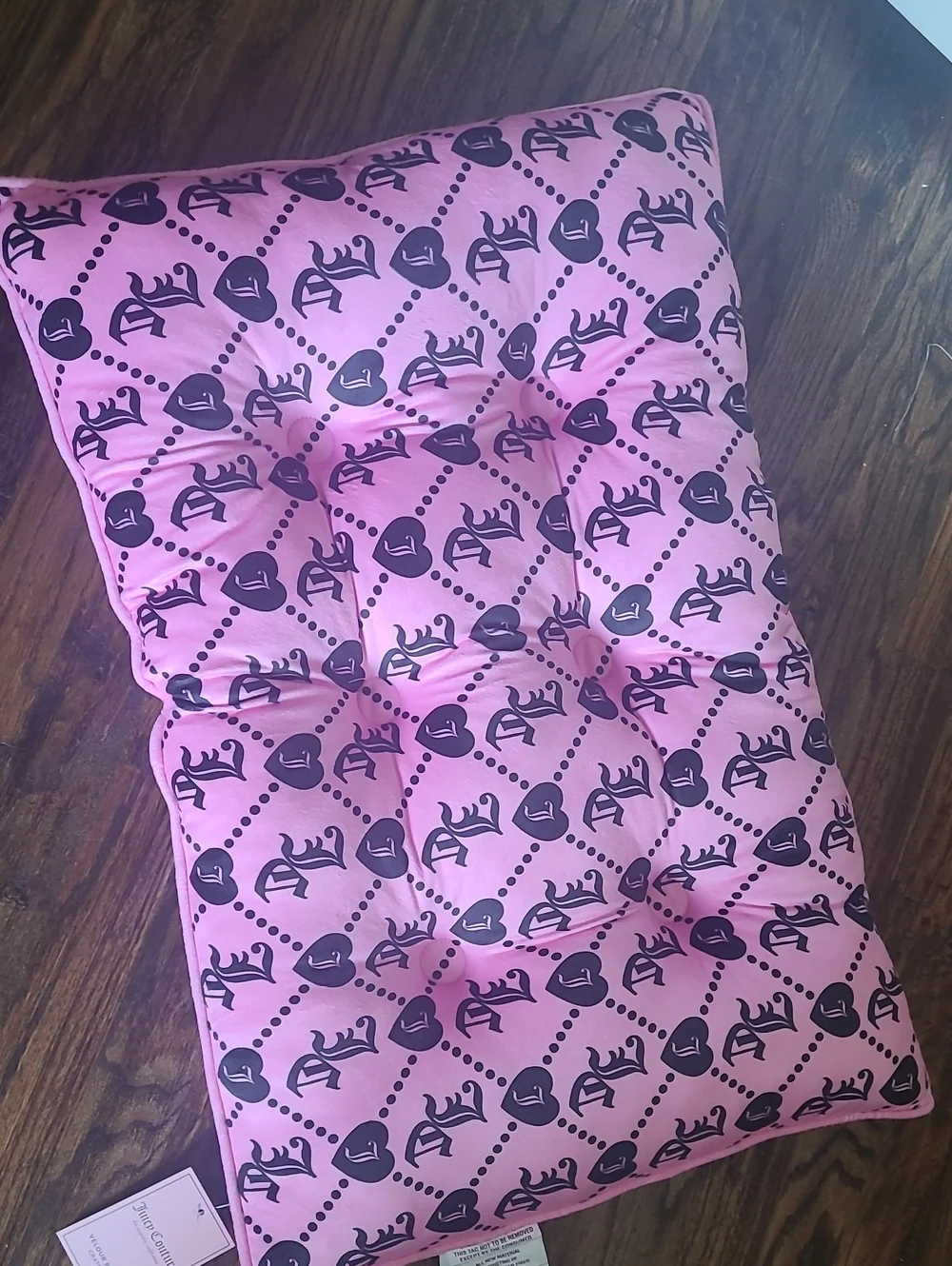 Juicy Couture Pink Velour Pet Bed with Monogram JC Logo and Heart Pattern